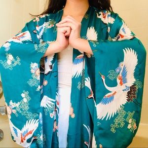 F21 Emerald Crane Silk Maxi Sleeve Kimono